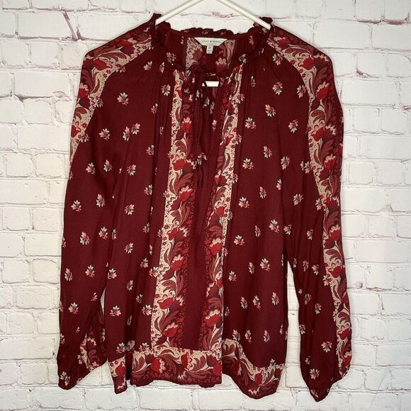Lucky Brand Womens Medium M Maroon Floral Bishop Sleeve Peasant‎ Boho Blouse Top - Picture 4 of 11
